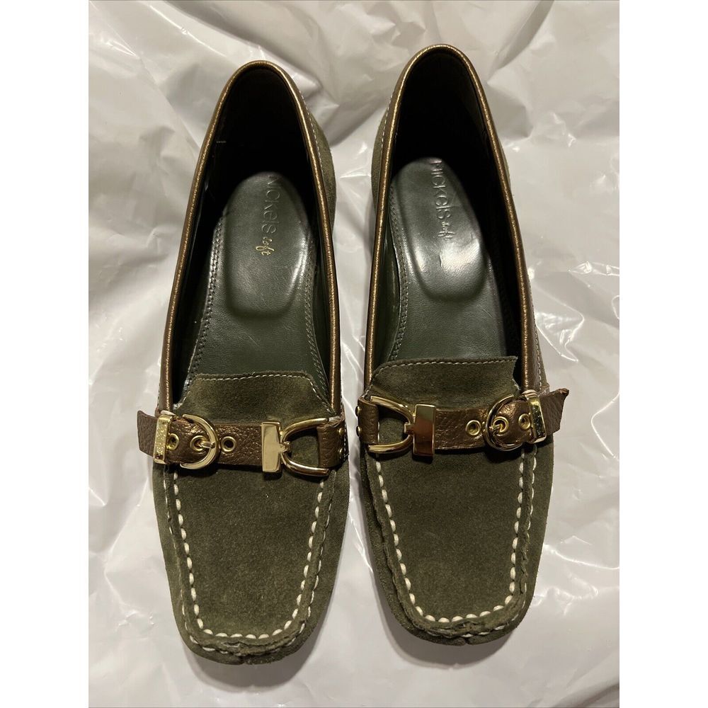 Nickels Solstice Olive‎ Green Suede Gold Trim Slip-On Loafer Shoes Women's 7.5